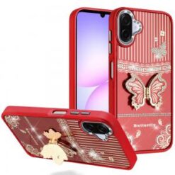 For Samsung Galaxy A07 Splendid Glitter Butterfly Design Stand with Metallic Edges Hybrid Case - Red
