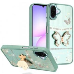 For Samsung Galaxy A07 Splendid Glitter Butterfly Design Stand with Metallic Edges Hybrid Case - Tea