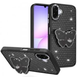 For Samsung Galaxy A07 Butterfly Moveable Grip Stand With Small Diamonds Meta Buttons HQ Hybrid - Bl