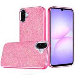 For Samsung Galaxy A07 Crystal Glass Diamond with Metallic Buttons and Edges Hybrid Case - Hot Pink