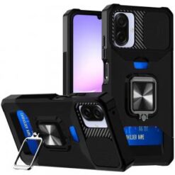 For Samsung Galaxy A07 Multi-Functional Card Magnetic Ring Stand Hybrid Camera Case Cover - Black