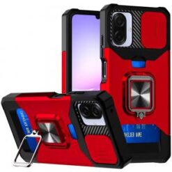 For Samsung Galaxy A07 Multi-Functional Card Magnetic Ring Stand Hybrid Camera Case Cover - Red