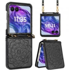 Motorola Razr+ Plus 2024 Embossed Floral Design Case Cover with Strap - Black