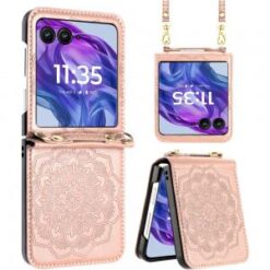 Motorola Razr+ Plus 2024 Embossed Floral Design Case Cover with Strap - Rose Gold