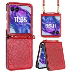 Motorola Razr+ Plus 2024 Embossed Floral Design Case Cover with Strap - Red