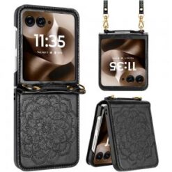 Motorola Razr Ultra 2025 Embossed Floral Design Case Cover with Strap - Black