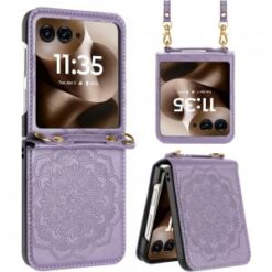 Motorola Razr Ultra 2025 Embossed Floral Design Case Cover with Strap - Purple