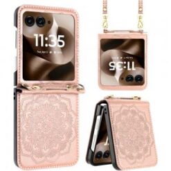 Motorola Razr Ultra 2025 Embossed Floral Design Case Cover with Strap - Rose Gold