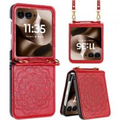 Motorola Razr Ultra 2025 Embossed Floral Design Case Cover with Strap - Red