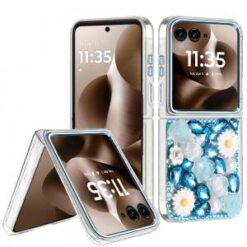 Motorola Razr Ultra 2025 Spectacular Full Bling Stones Glitter HQ Hybrid Floral Series - Blue