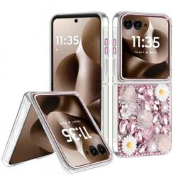 Motorola Razr Ultra 2025 Spectacular Full Bling Stones Glitter HQ Hybrid Floral Series - Pink