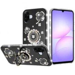 For Samsung Galaxy A07 Splendid Glitter with Diamonds All Around Edges Ring Stand Case Cover - Black