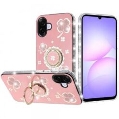 For Samsung Galaxy A07 Splendid Glitter with Diamonds All Around Edges Ring Stand Case Cover - Pink