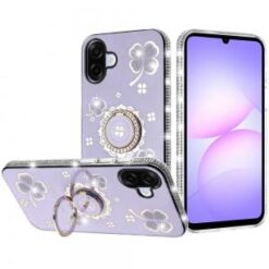 For Samsung Galaxy A07 Splendid Glitter with Diamonds All Around Edges Ring Stand Case Cover - Purpl