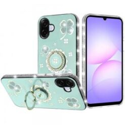 For Samsung Galaxy A07 Splendid Glitter with Diamonds All Around Edges Ring Stand Case Cover - Teal