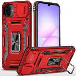 For Samsung Galaxy A07 Utter Tough Metal Ring Movable Camera Window Hybrid Case Cover - Red