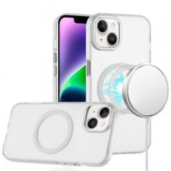 iPhone 13 6.1 Magnetic Circle Ring Transparent Premium Acrylic with Metal Buttons & Camera Raise