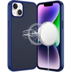 iPhone 13/14 CarbonFiber Design Magnetic Ring HQ Thick 2.0mm Hybrid Case - Navy Blue