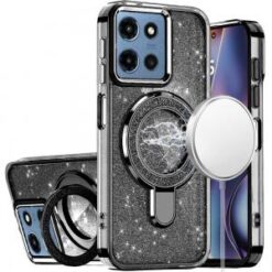 For Moto G 5G 2025/2026 - G Play 2026 - Transparent Glitter Rotaional Magnetic Ring Stand HQ Hybrid