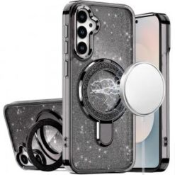 Samsung s26 Plus Transparent Glitter Rotaional Magnetic Ring Stand HQ Hybrid - Black