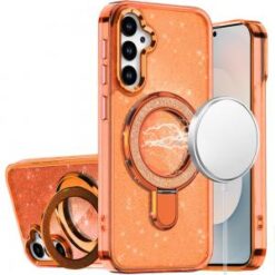 Samsung s26 Transparent Glitter Rotaional Magnetic Ring Stand HQ Hybrid - Cosmic Orange