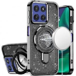 Moto G Stylus 5G 2026/2025 Transparent Glitter Rotaional Magnetic Ring Stand HQ Hybrid - Black