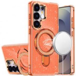 Samsung s26 Ultra Transparent Glitter Rotaional Magnetic Ring Stand HQ Hybrid - Cosmic Orange