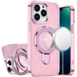 iPhone 13 Pro Transparent Glitter Rotaional Magnetic Ring Stand HQ Hybrid - Light Pink