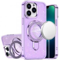 iPhone 13 Pro Transparent Glitter Rotaional Magnetic Ring Stand HQ Hybrid - Light Purple