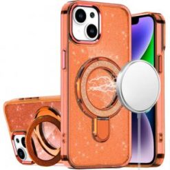 iPhone 13/14 Transparent Glitter Rotaional Magnetic Ring Stand HQ Hybrid - Cosmic Orange