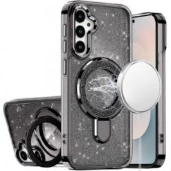 Samsung s26 Transparent Glitter Rotaional Magnetic Ring Stand HQ Hybrid - Black