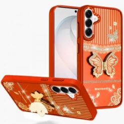 Samsung s26 Splendid Glitter Butterfly Design Stand with Metallic Edges Hybrid Case - Cosmic Ora
