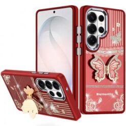 Samsung s26 Ultra Splendid Glitter Butterfly Design Stand with Metallic Edges Hybrid Case - Red