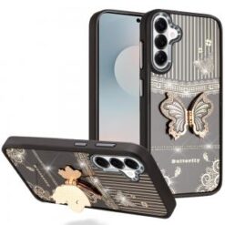 Samsung s26 Splendid Glitter Butterfly Design Stand with Metallic Edges Hybrid Case - Black