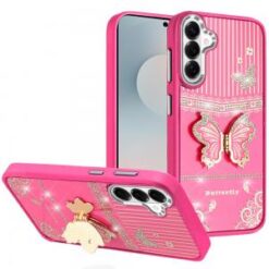 Samsung s26 Splendid Glitter Butterfly Design Stand with Metallic Edges Hybrid Case - Hot Pink