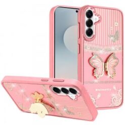 Samsung s26 Splendid Glitter Butterfly Design Stand with Metallic Edges Hybrid Case - Light Pink