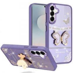 Samsung s26 Splendid Glitter Butterfly Design Stand with Metallic Edges Hybrid Case - Dark Purpl