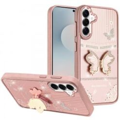 Samsung s26 Splendid Glitter Butterfly Design Stand with Metallic Edges Hybrid Case - Rose Gold