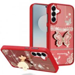Samsung s26 Splendid Glitter Butterfly Design Stand with Metallic Edges Hybrid Case - Red
