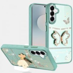 Samsung s26 Splendid Glitter Butterfly Design Stand with Metallic Edges Hybrid Case - Teal