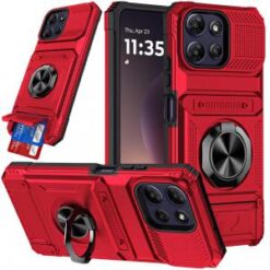 Moto G Power 5G 2026/2025 Multi-Functional 2X Card Slot Shockproof Metal Ring Hybrid Case - Red