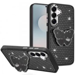 Samsung s26 Plus Butterfly Moveable Grip Stand With Small Diamonds Meta Buttons HQ Hybrid - Blac