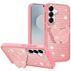 Samsung s26 Plus Butterfly Moveable Grip Stand With Small Diamonds Meta Buttons HQ Hybrid - Pink