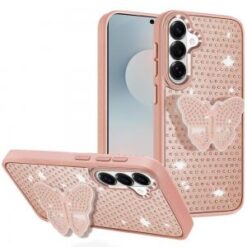 Samsung s26 Plus Butterfly Moveable Grip Stand With Small Diamonds Meta Buttons HQ Hybrid - Rose