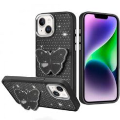 iPhone 13/14 Butterfly Moveable Grip Stand With Small Diamonds Meta Buttons HQ Hybrid - Black