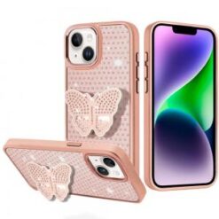 iPhone 13/14 Butterfly Moveable Grip Stand With Small Diamonds Meta Buttons HQ Hybrid - Rose Gol