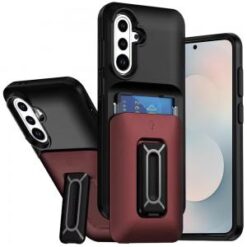 Samsung s26 Plus Card Holder (2X) with Wrist Strap Hybrid With KickStand - Black+Red