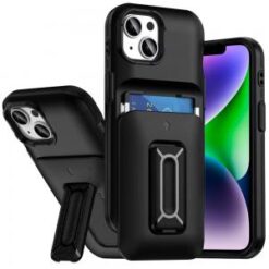 iPhone 13/14 Card Holder (2X) with Wrist Strap Hybrid With KickStand - Black+Black