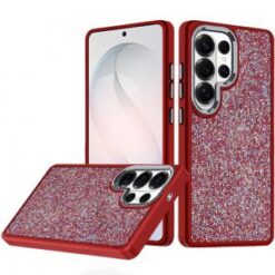 Samsung s26 Ultra Crystal Glass Diamond with Metallic Buttons and Edges Hybrid Case - Red