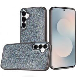 Samsung s26 Crystal Glass Diamond with Metallic Buttons and Edges Hybrid Case - Black